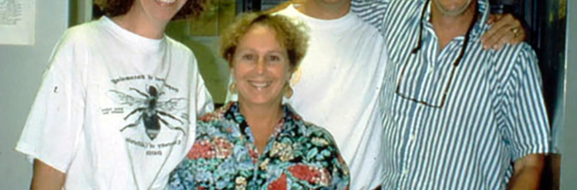 This image from 1993 at UC Davis shows Kelli Hoover (foreground), then a doctoral student. In back (from left) are doctoral students Bryony Bonning and Bill McCutcheon, and Professor Sean Duffey.