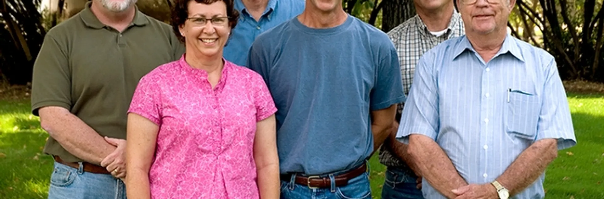 Charlie Summers and his colleagues, self-described "Bug People" at the Kearney Agricultural Research and Extension Center, Parlier, posed for this photo in 2008. In front (from left), are Elizabeth Crafton-Cardwell, Kent Daane, and Summers. In back (from left) are Marshall Johnson, Walter Bentley and Pete Goodell. (Photo courtesy of Marshall Johnson)
