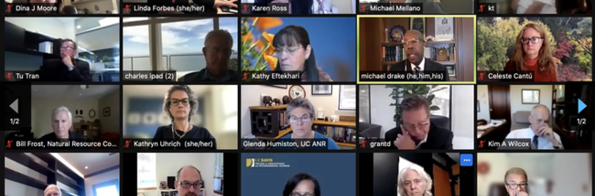 Gallery shot of Drake, UCANR leaders and PAC members on Zoom.