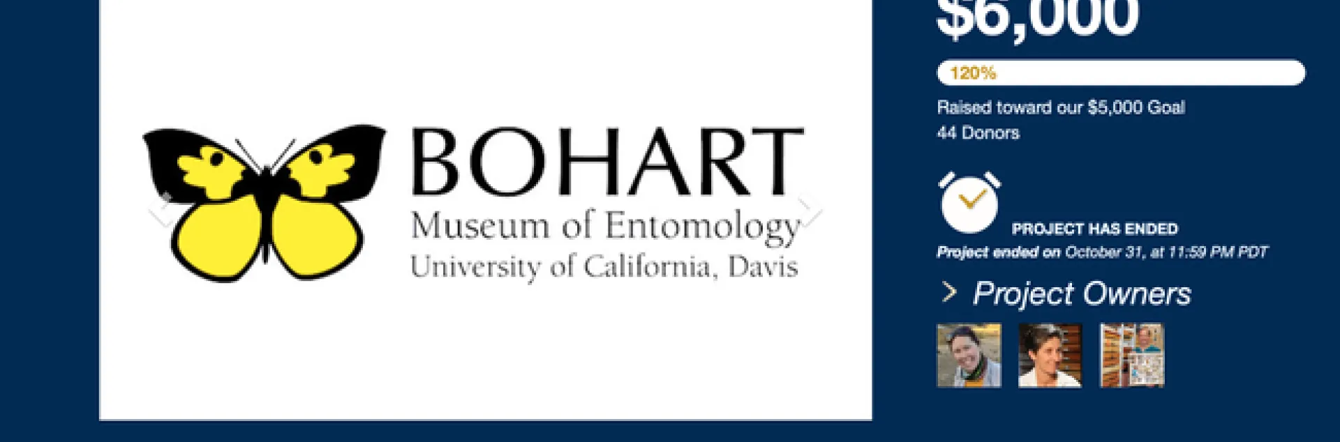 The Bohart Museum of Entomology surpassed its goal of $5000 and gratefully received $6000. (Screen shot)
