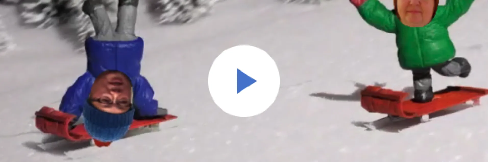 Cartoon shows Tu Tran standing on his hands sledding down a snowy slope followed by Wendy Powers on a sled.