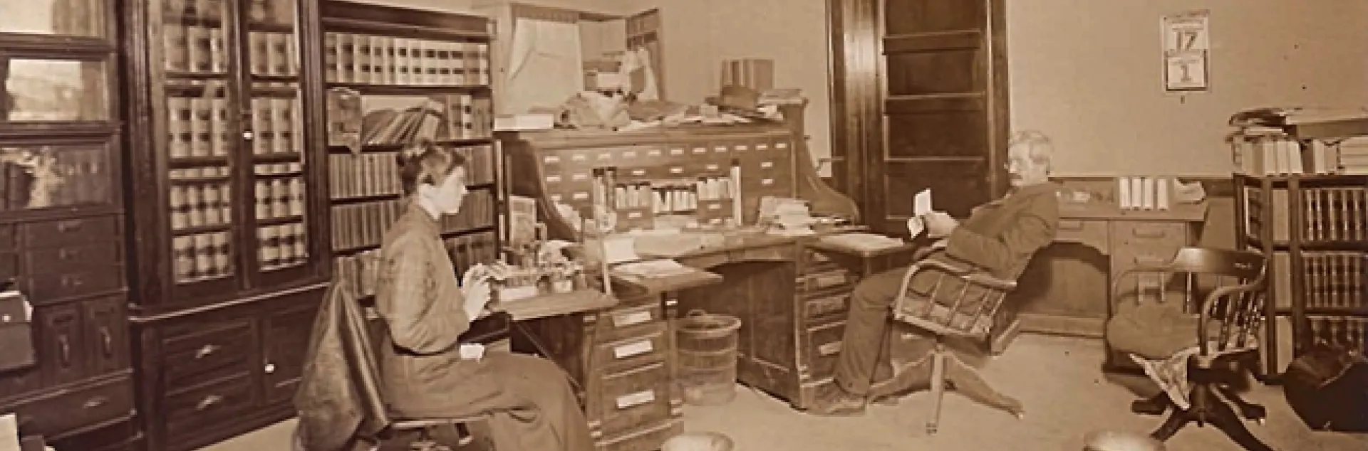 In this 1915 image, Judge William Thomas Hammock of Little Rock, Ark., sits at his desk while his daughter, Maude Hammock, works the "Odell's Type Writer." (Photo courtesy of Bruce Hammock)