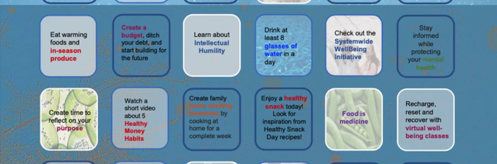 Card with 24 tiles containing wellness activities.