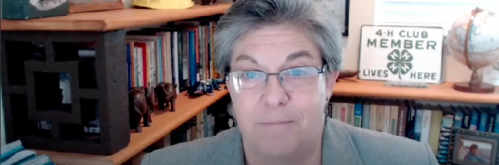 Glenda Humiston speaks onscreen. A plaque on the bookshelf behind her reads, "4-H club member lives here."