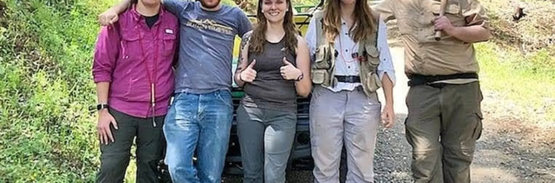 Five members of Jason Bond lab at the UC Quail Ridge Reserve, Napa County. From left are Lacie Newton, Xavier Zahnle, Emma Jochim, Lisa Chamberland, and Jim Starrett. Not pictured are the newest lab members Iris Bright and Megan Ma.