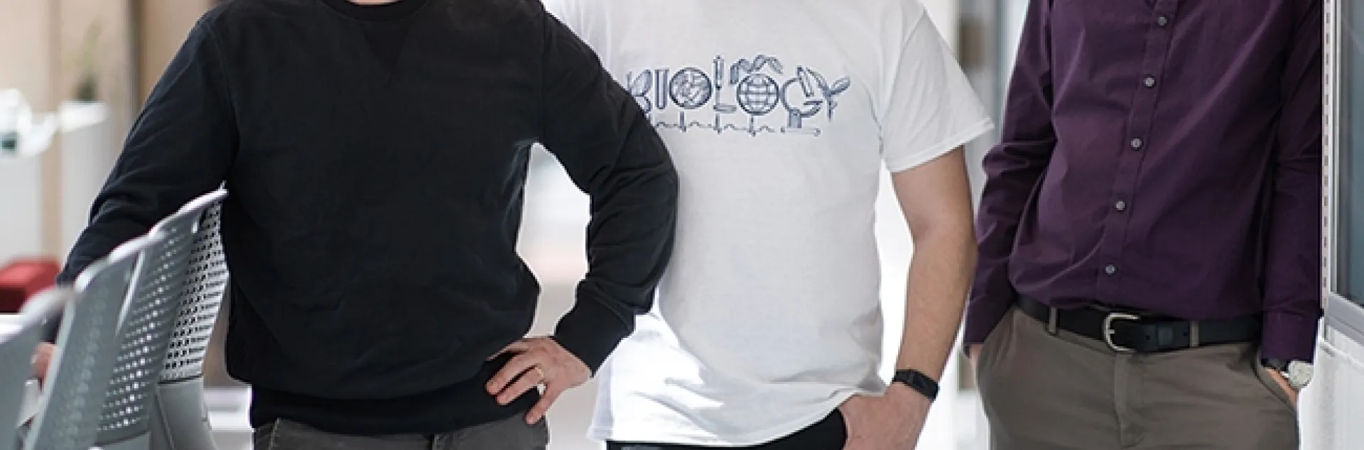 Biology professor Marc Johnson (right) of the University of Toronto, Mississauga, served as the principal investigator (PI) of the white clover project. With him are assistant professor Rob Ness (far left), co-PI and second author; and doctoral student James Santangelo, first author.