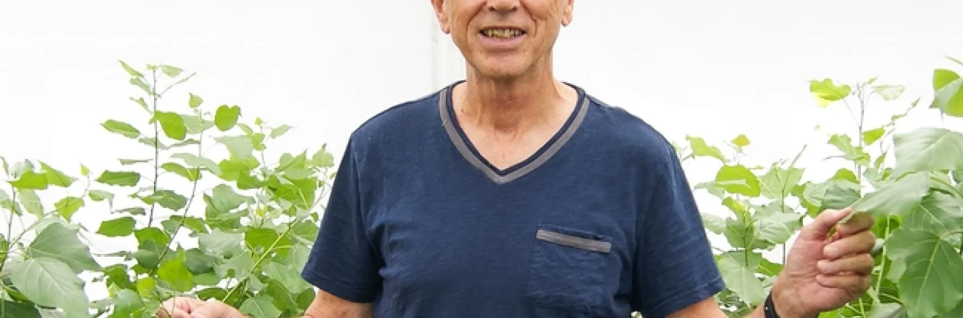 Norm Terry stands between two green plants.