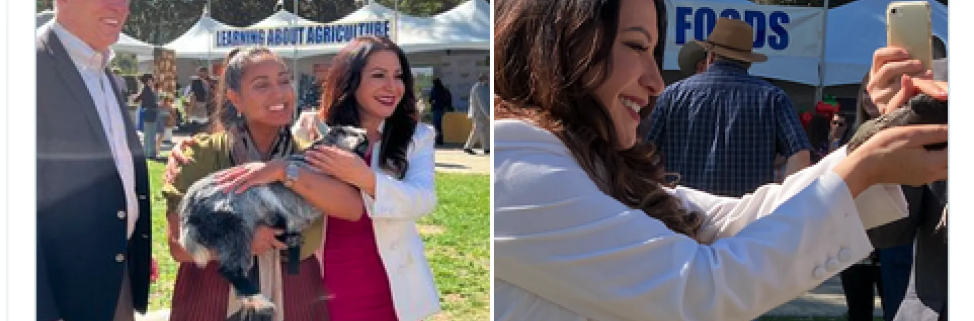 A Twitter post with photo description that reads: Susan Rubio smiles as she strokes a black bird she holds out.