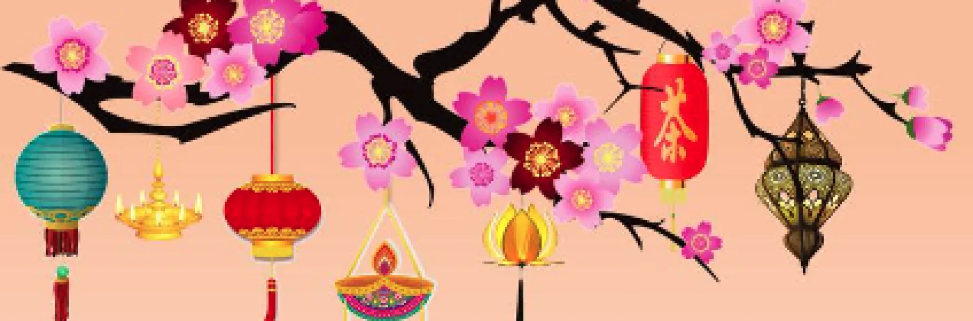 Asian Pacific Heritage Month illustration contains different kinds of Asian lanterns
