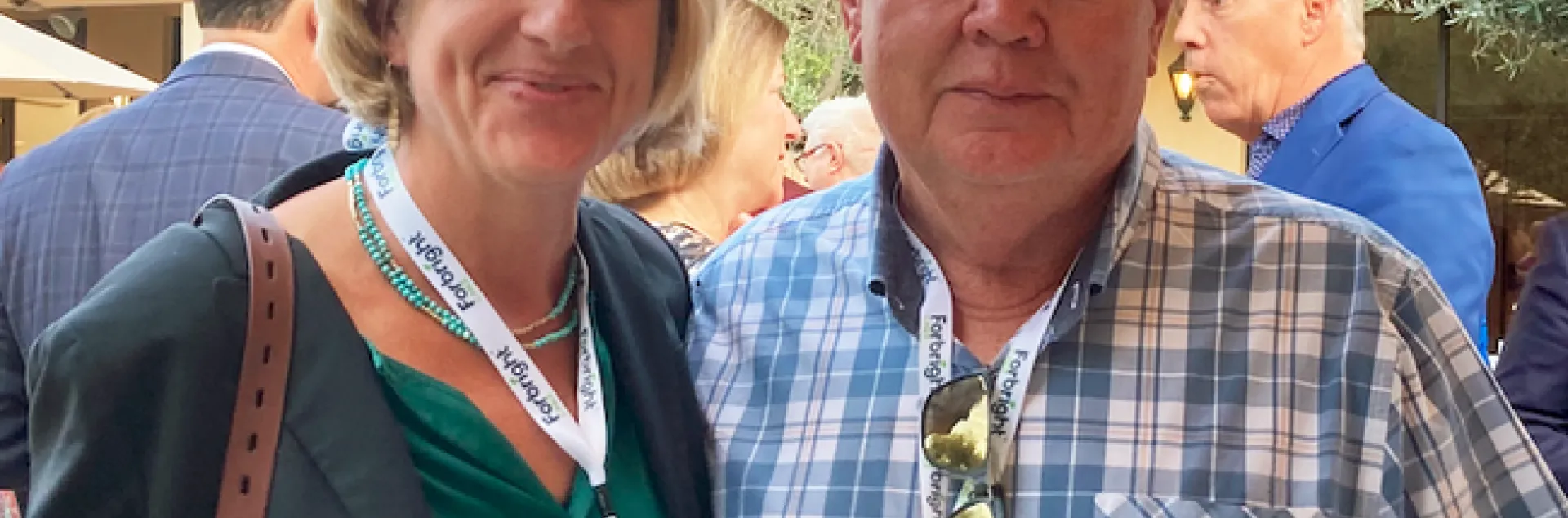 Yana Valachovic and Glenn McGourty, UCCE farm advisor emeritus and current Mendocino County supervisor, greet each other at the Rural County Representatives of California conference.