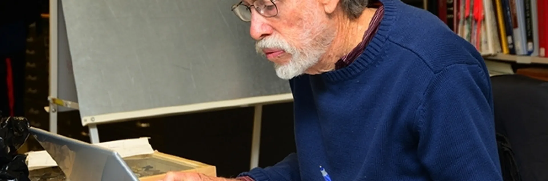 A Bohart associate for some three decades, Bill Patterson is shown working in the Bohart Museum of Entomology in 2013. (Photo by Kathy Keatley Garvey)"
