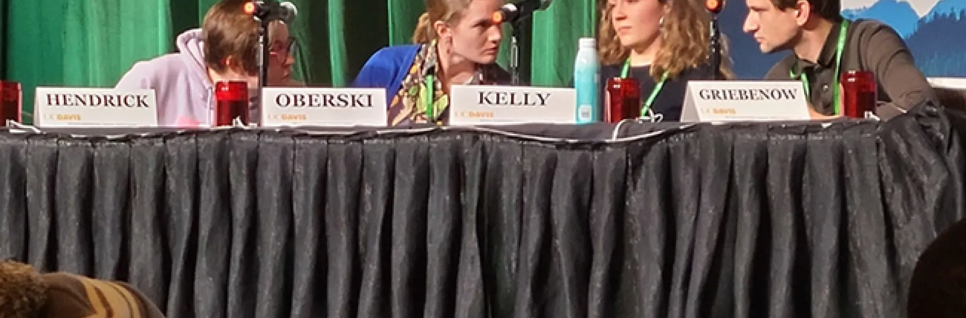 The UC Davis team conferring at the finals of the Entomology Games (from left) Madi Hendrick, Jill Oberski,Taylor Kelly and Zachary Griebeow, captain. The team went on to win the championship. (Photo by Geoffrey Attardo of UC Davis faculty)