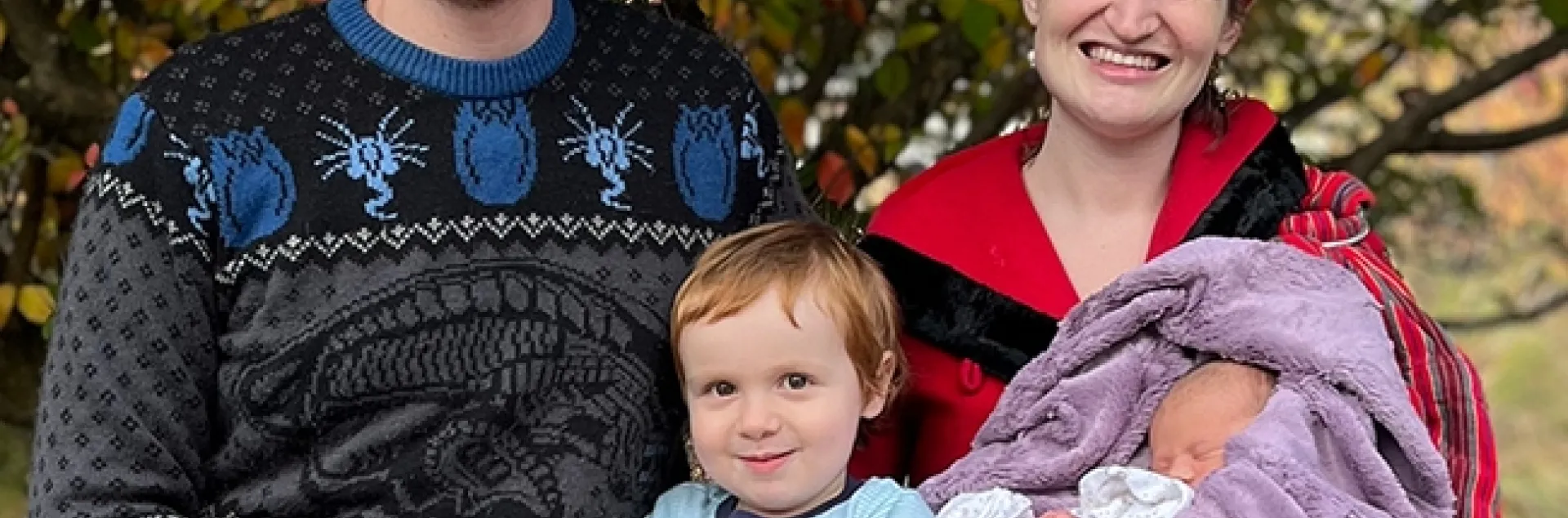 UC Davis entomology doctoral candidate Charlotte Herbert Alberts with her husband, George, son Griffin, then 2.5, and Marcy, then a week old. (Image taken Oct. 28, 2022)