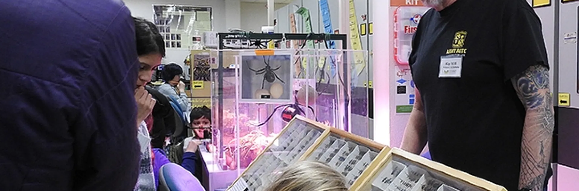 A little girl closely examines a display of beetles. In back is Kipling "Kip" Will, associate professor with the UC Berkeley Department of Environmental Science, Policy and Management. (Photo by Kathy Keatley Garvey)