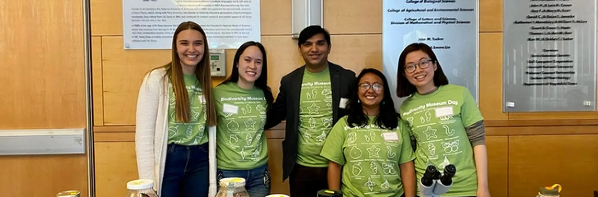 The Shahid Siddique nematology lab was out in force at the 12th annual UC Davis Biodiversity Museum Day. From left are graduate students Alison Coomer, Veronica Casey, Professor Siddique, and graduate students Pallavi Shakya, and Ching-Jung Lin.