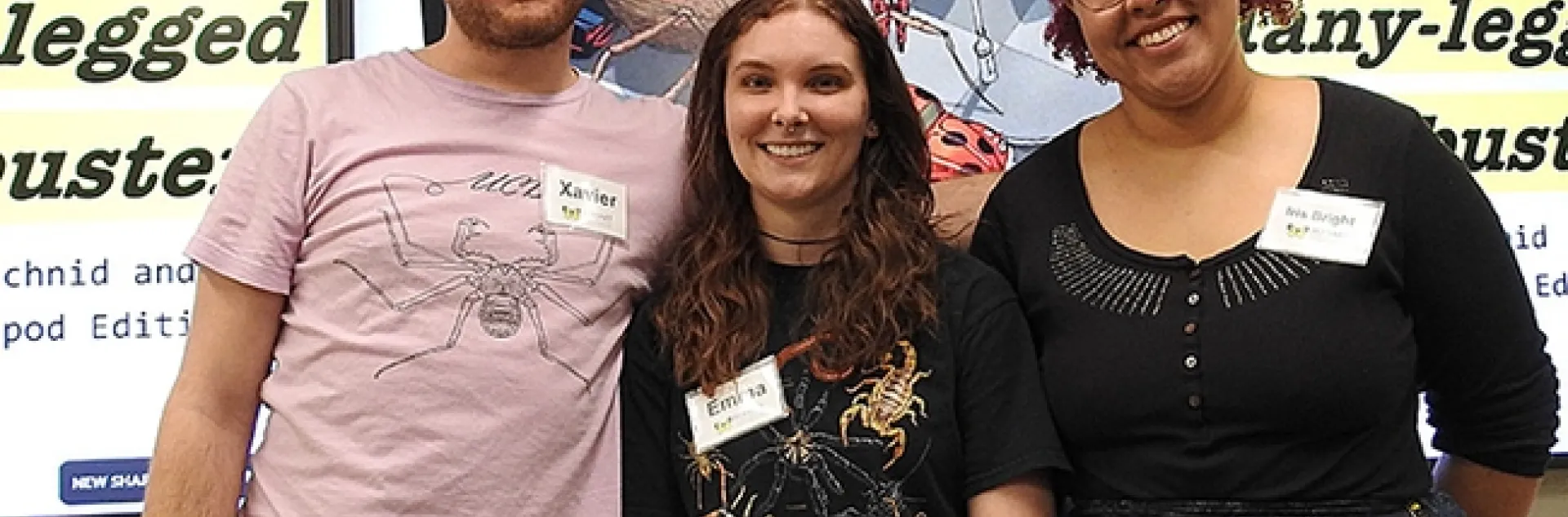 The Jason Bond lab held a mythbuster session at the Bohart Museum of Entomology. From left are doctoral candidates Xavier Zahnle and Emma Jochim who led the discussion, and moderator Iris Quayle, a first-year PhD student. (Photo by Kathy Keatley Garvey)