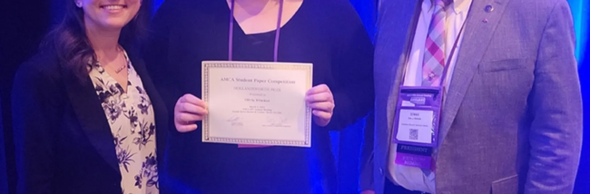 Congratulating Olivia Winokur (center), recipient of the Hollandsworth Prize for best student presentation at the American Mosquito Control Association (AMCA) annual conference are Casey Crockett (left), AMCA Student Competition coordinator, and Dennis Wallette, 2022-2023 AMCA president.