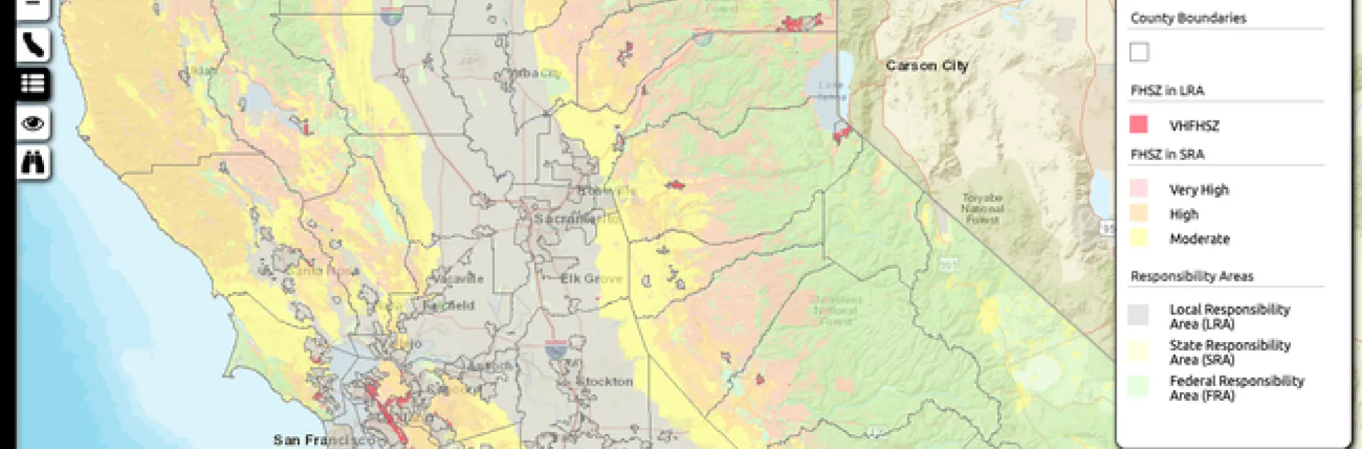 Map showing Central California's color-coded zones of fire hazard severity.