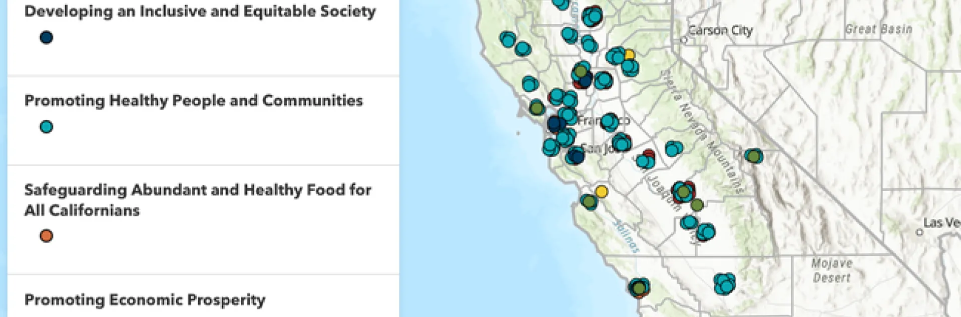 Image of a map with colored dots that represent different condition changes. Legend displayed on left shows the condition change represented by each color.