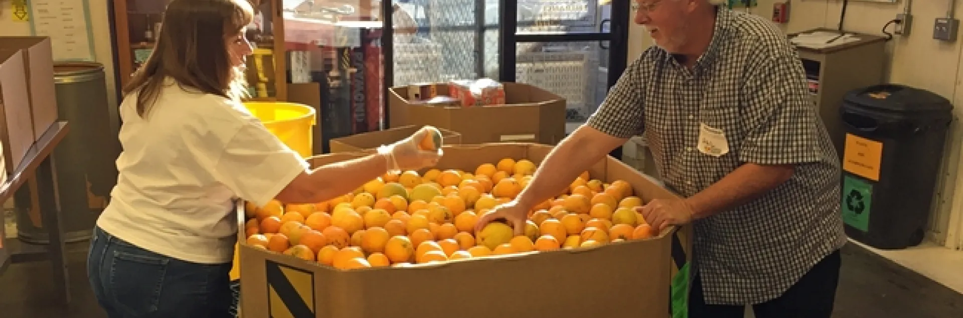 Dos voluntarios en el banco de alimentos preparando y separando naranjas.
