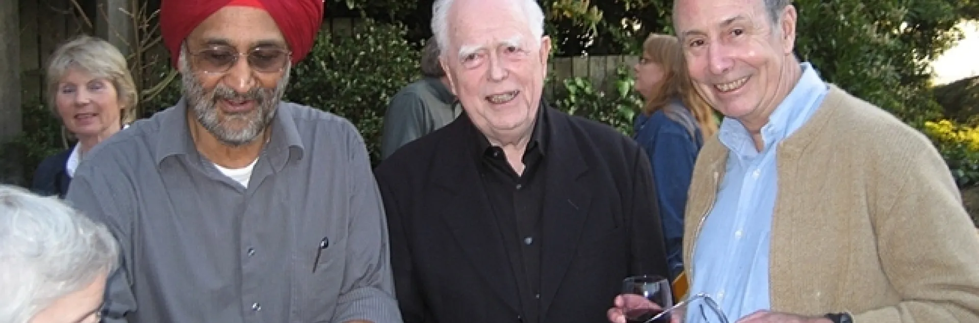 Professor John Casida (center) with former graduate students Sarjeet Gill (left), now a UC Riverside distinguished emeritus professor, and Bruce Hammock, UC Davis distinguished professor. In the foreground is Lassie Hammock, Bruce's wife. This image was taken in 2016.