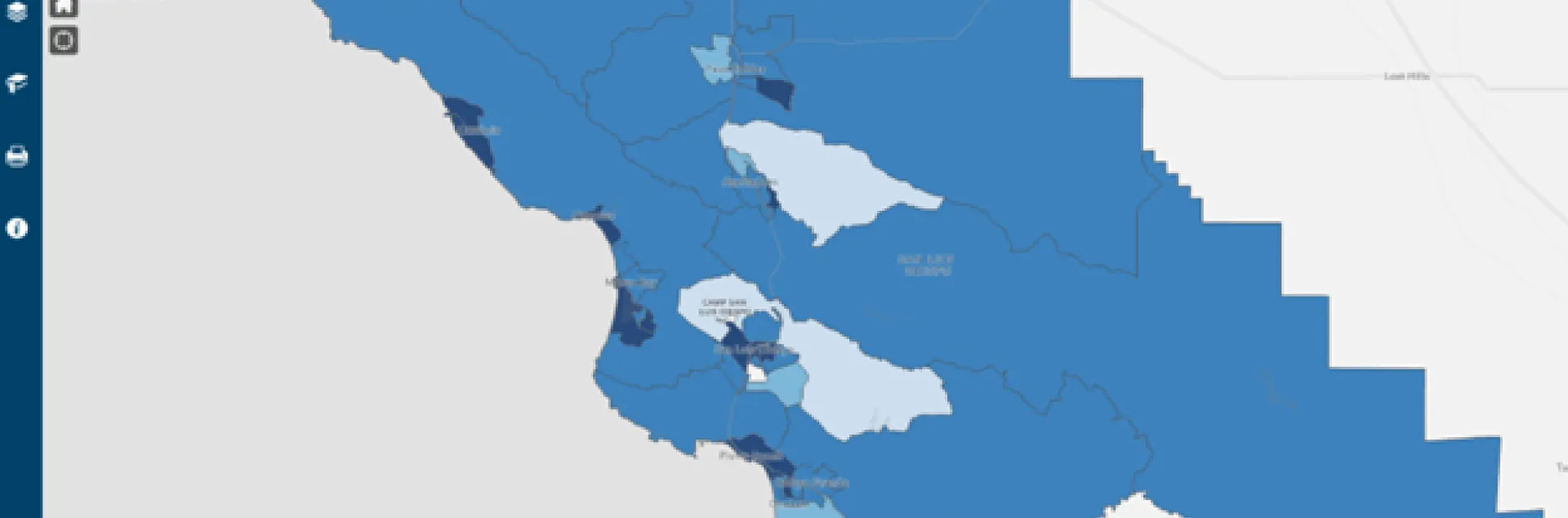 Screenshot of a map of SLO county with dark to light blue census tracts based on income