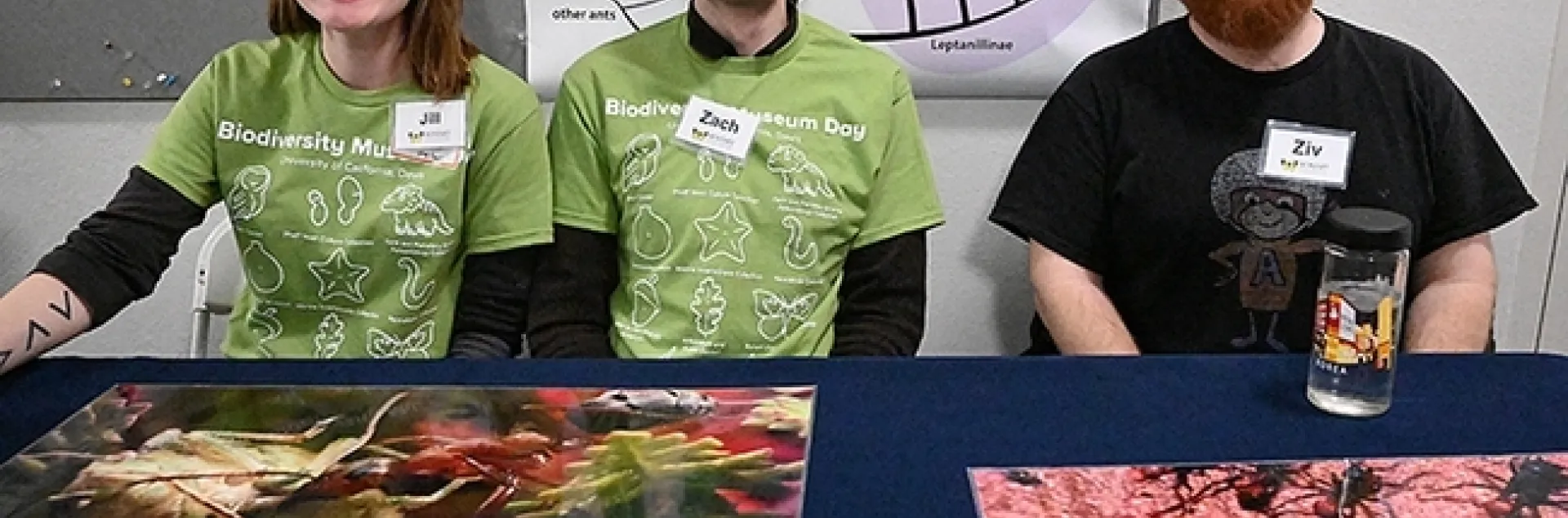 Got a question about ants? Ask the Phil Ward lab members. From left are doctoral candidates Jill Oberski and Zach Griebenow and third-year doctoral student Ziv Lieberman. They answered scores of questions Feb. 18 at the UC Davis Biodiversity Museum Day. (Photo by Kathy Keatley Garvey)