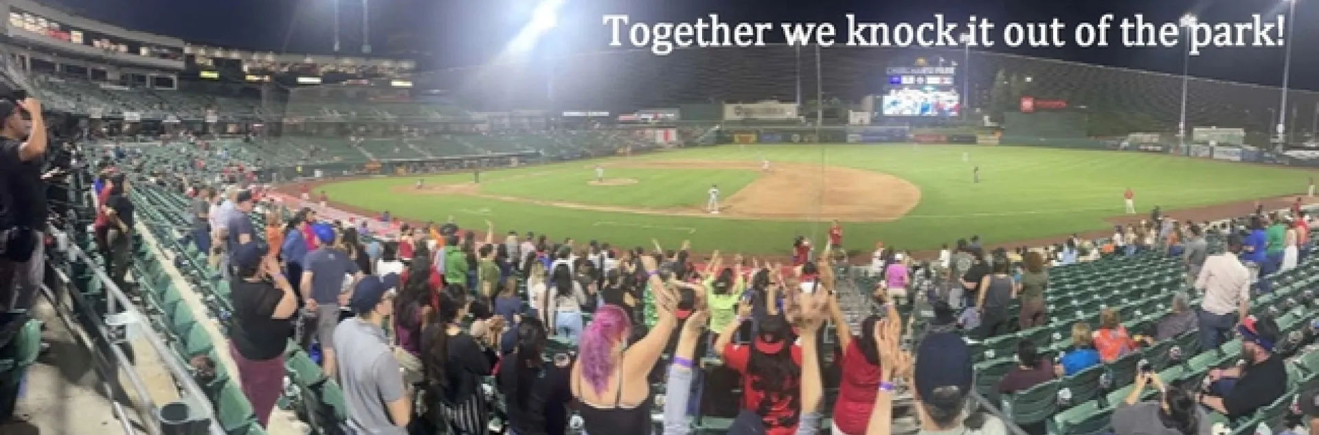 Photo of ANR at the Grizzlies Baseball Game Cheering. Tagline at top says ANR Inclusion: Together we knock it out of the park!