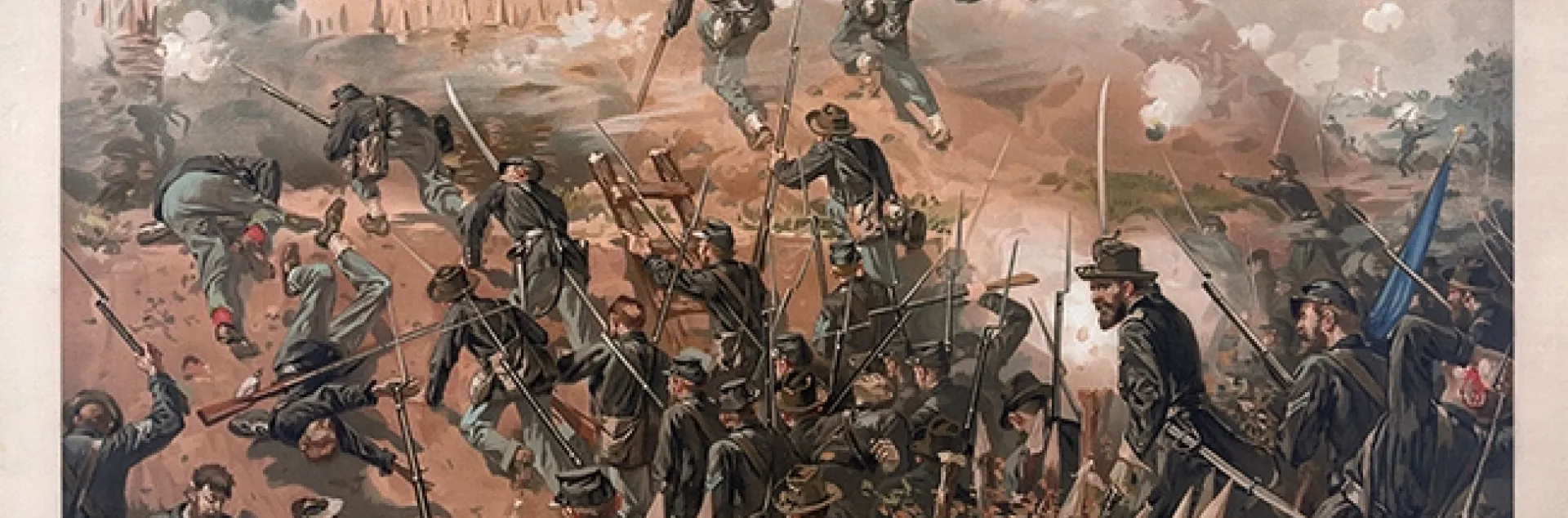 This work, "The Siege of Vicksburg--Assault on Fort Hill," is by Swedish-born American illustrator Thure de Thulstrup (1848-1930), whom his contemporary critics considered "the foremost military artist in America." (Image courtesy of Wikipedia)