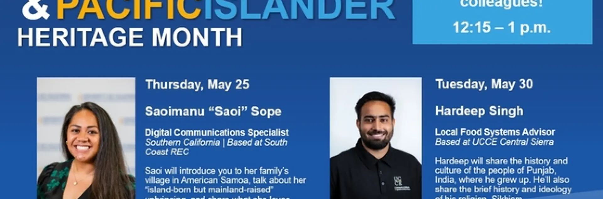 AAPI Month promo with photos of Saoi Sope and Hardeep Singh