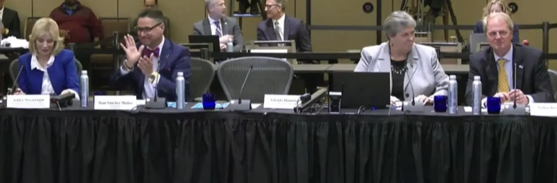 From left: Central Valley Community Foundation President & CEO Ashley Swearengin, UC Merced Chancellor Juan Sánchez Muñoz, UC Vice President for Agriculture and Natural Resources Glenda Humiston, and UC Executive Vice President & Chief Financial Officer Nathan Brostrom thank the Regents for approving the formation of F3 Innovate.
