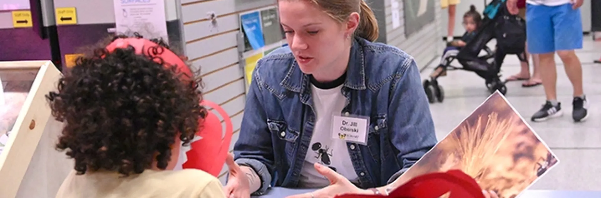 Myrmecologist Jill Oberski answers questions at the Bohart Museum of Entomology's open house on ants, held May 21. (Photo by Kathy Keatley Garvey)