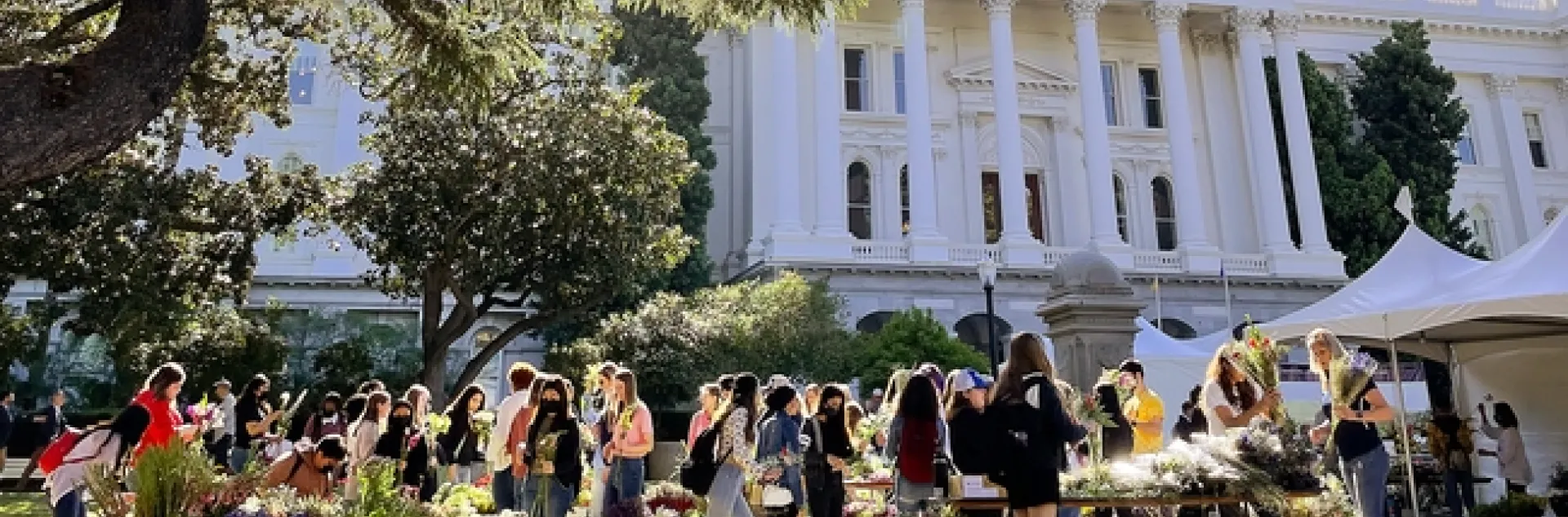 Agriculture event with people and booths in front of the Sacramento state capital.
