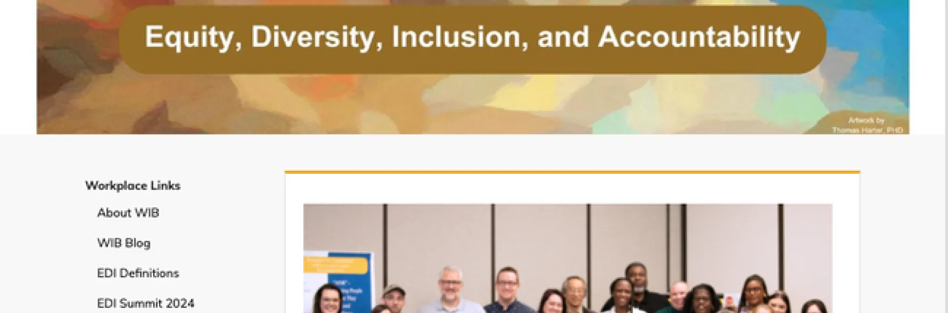 Screenshot of Workplace Inclusion and Belonging website with group photo of EDI Summit participants.