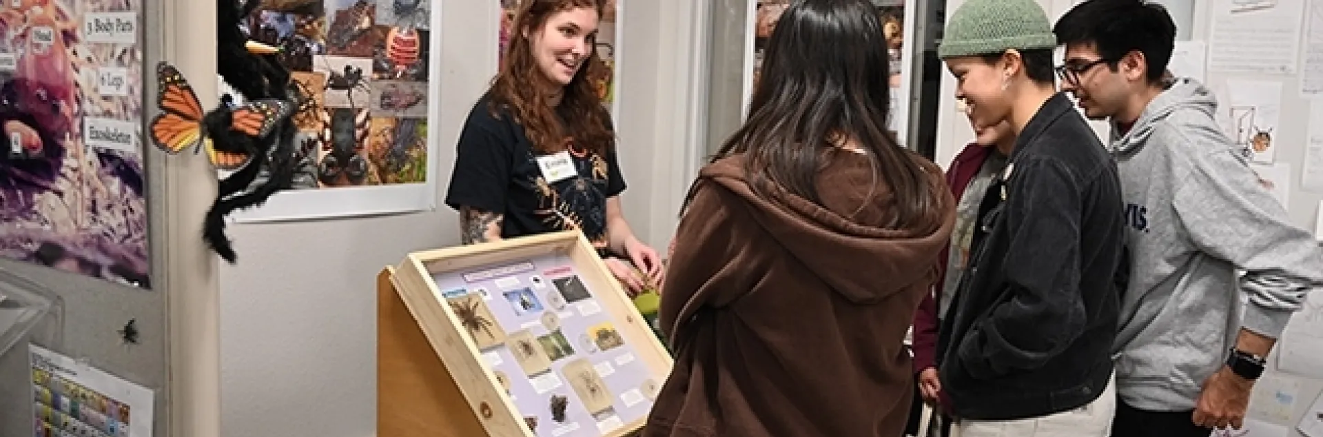 UC Davis doctoral student Emma Jochim discusses arachnids at a Bohart Museum of Entomology open house. She'll be showing the diversity of arachnids at Briggs Hall during UC Davis Picnic Day on Saturday, April 20, with colleagues. (Photo by Kathy Keatley Garvey)