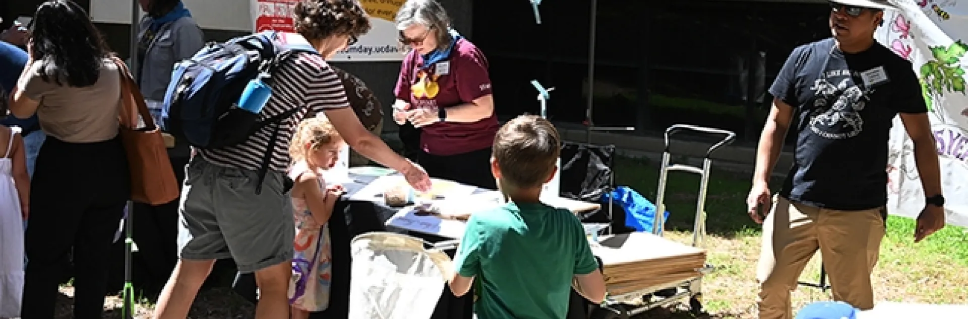 Bohart Museum graduate student and researcher Socrates Letana tosses paper butterflies to the net holders, as Professor Fran Keller (background) of Folsom Lake College staffs the California butterfly table. (Photo by Kathy Keatley Garvey)
