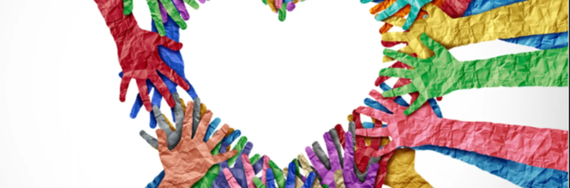 rainbow of colored hands made out of paper linking together to create a heart