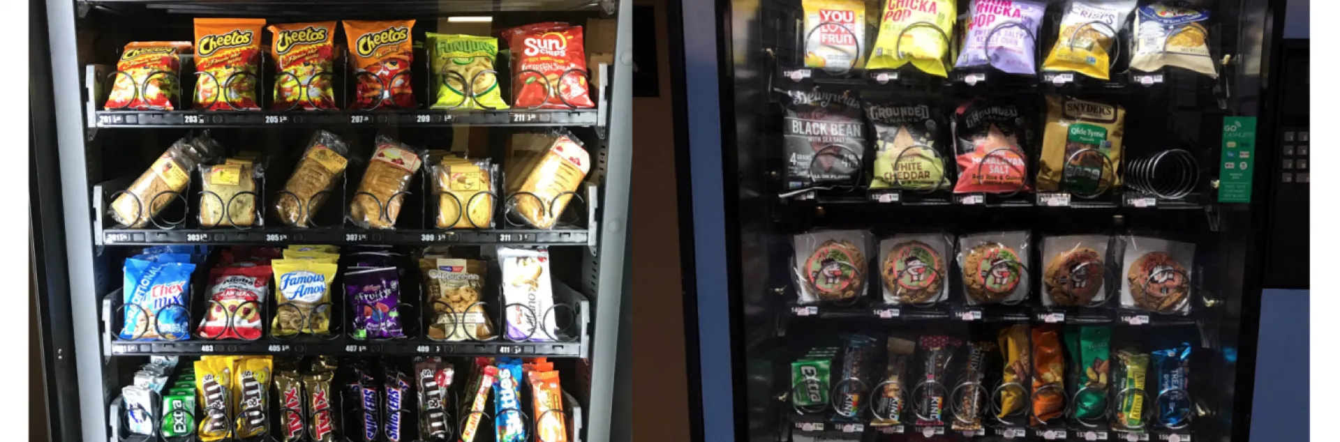 Two vending machines side by side. The one on the left contains less healthy processed food items, and the one on the right contains healthier food items and snacks.