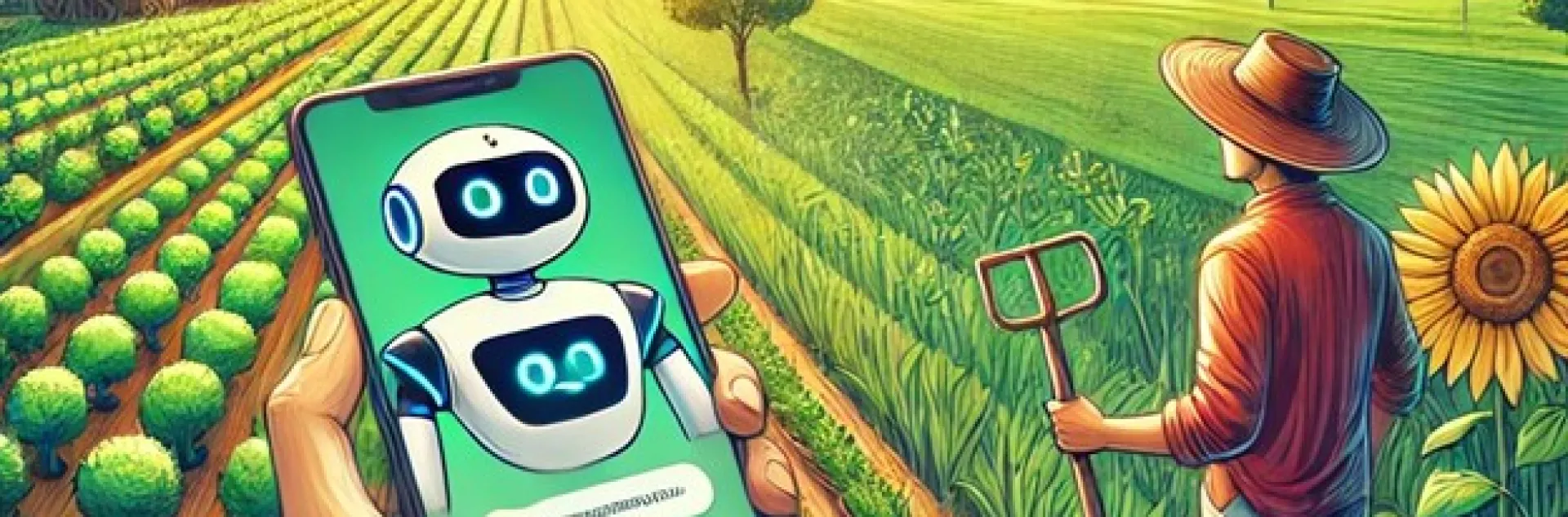 Image of phone with robot image in a farm field