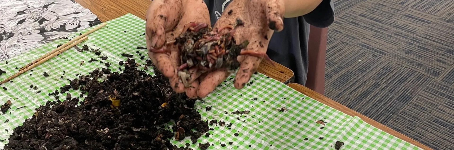 Composting worms being held in a person’s hands during a class.