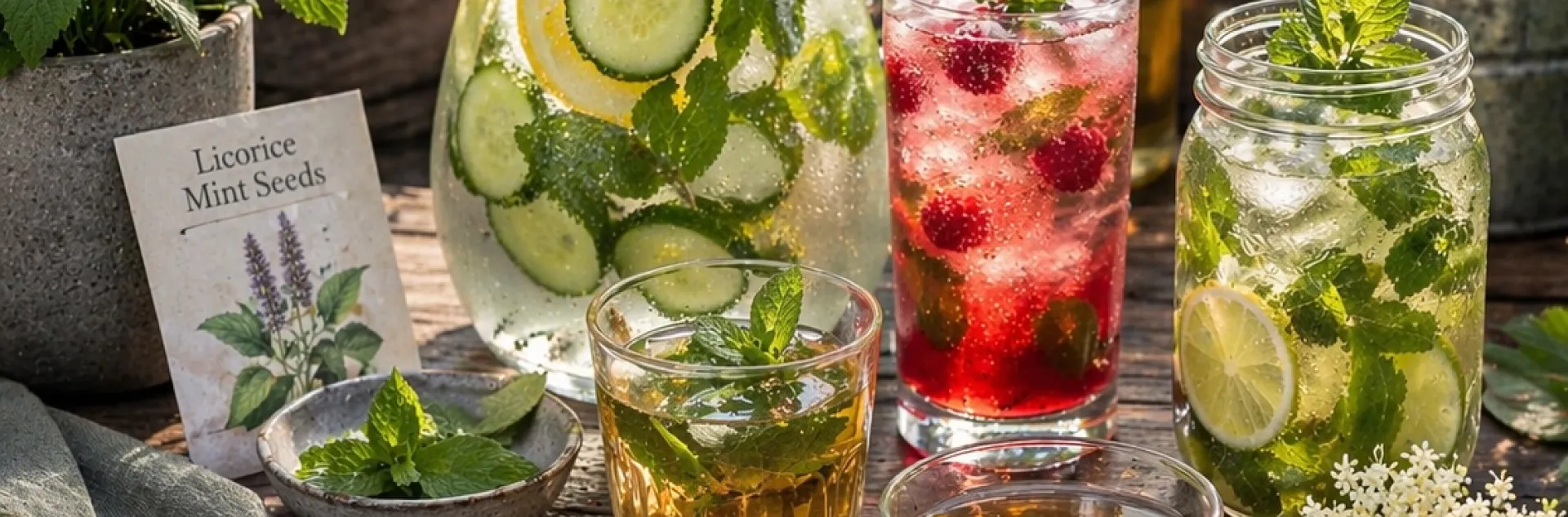 A pitcher and several glasses filled with refreshing, colorful, iced waterwise-plant-based Infusions