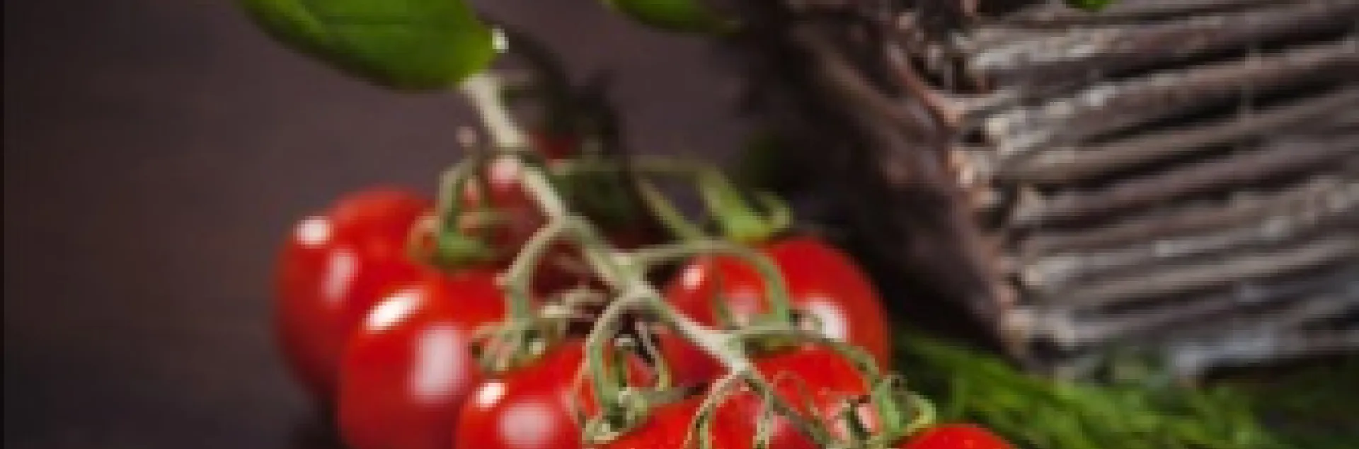 Tomatoes and oregano on a table with Basil in a basket and 