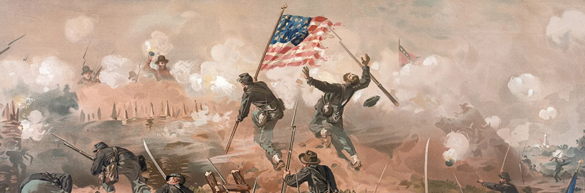 Civil War scene, colorbearer shot. This work, "The Siege of Vicksburg--Assault on Fort Hill," is by Swedish-born American illustrator Thure de Thulstrup (1848-1930), whom his contemporary critics considered "the foremost military artist in America." (Image courtesy of Wikipedia)