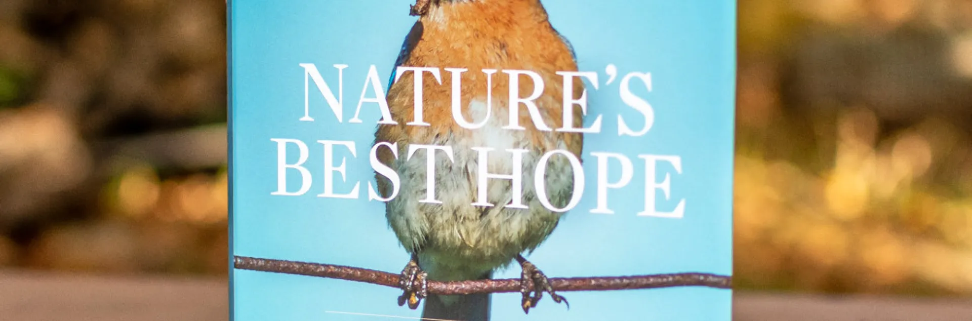 Cover of a book called 'Nature's Best Hope', with a yellow-chested bird on the cover of a light blue book, sitting on a picnic table.