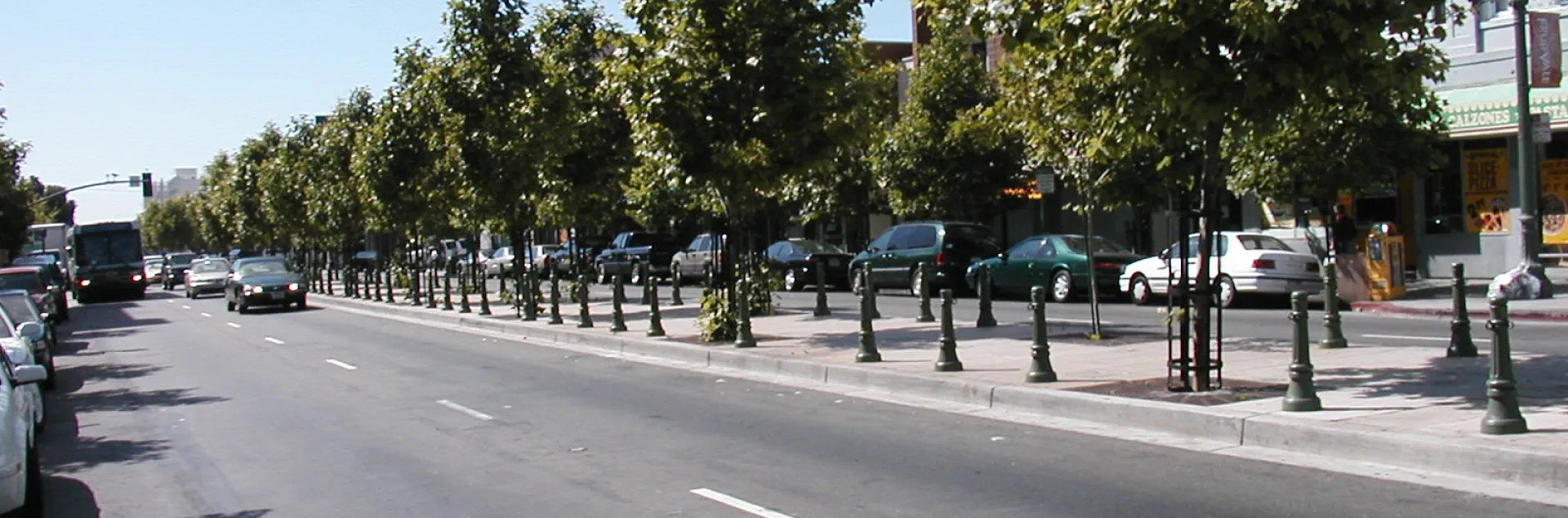 City street with median planted with trees 