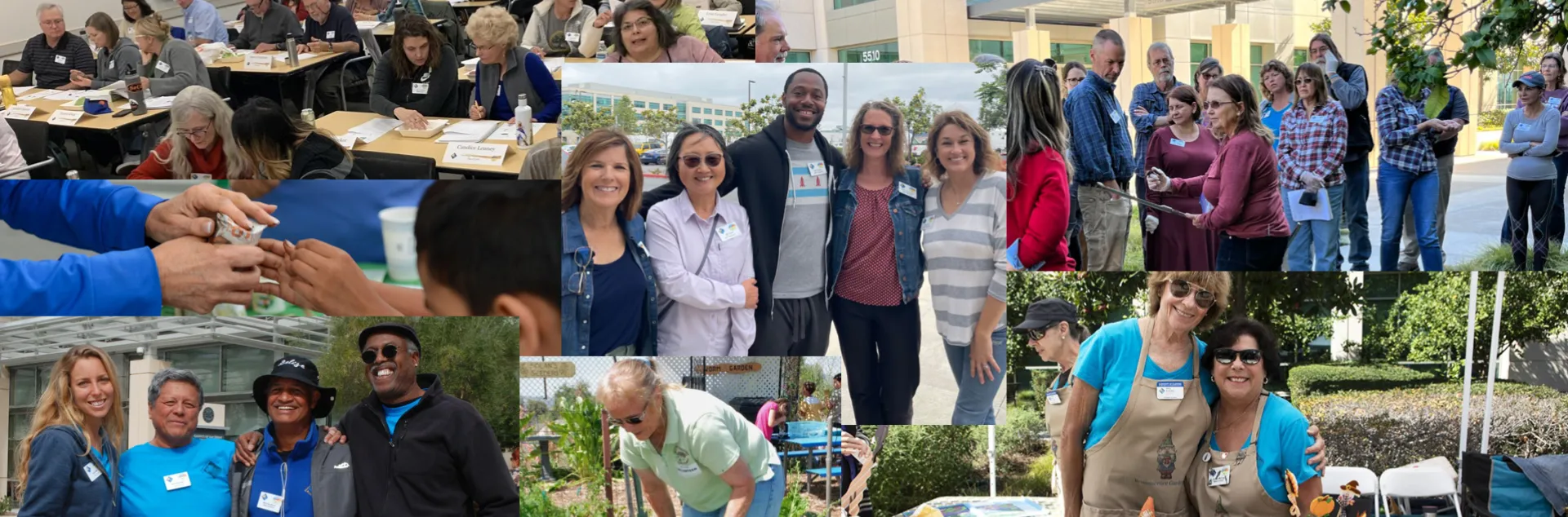 Happy Master Gardeners doing a variety of group activities such as learning, helping, and being together.