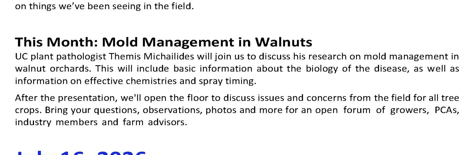 Third Thursday Things from the Field flyer this month on Mold Management in Walnuts.