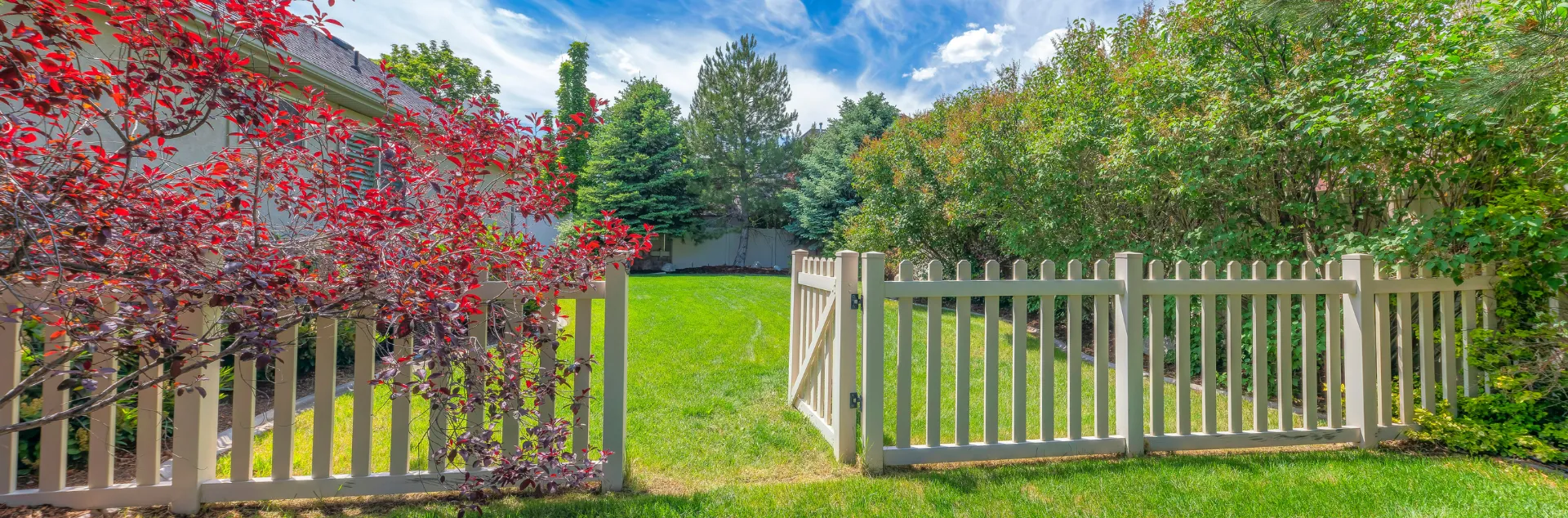 Garden gate leading on to a green lawn
