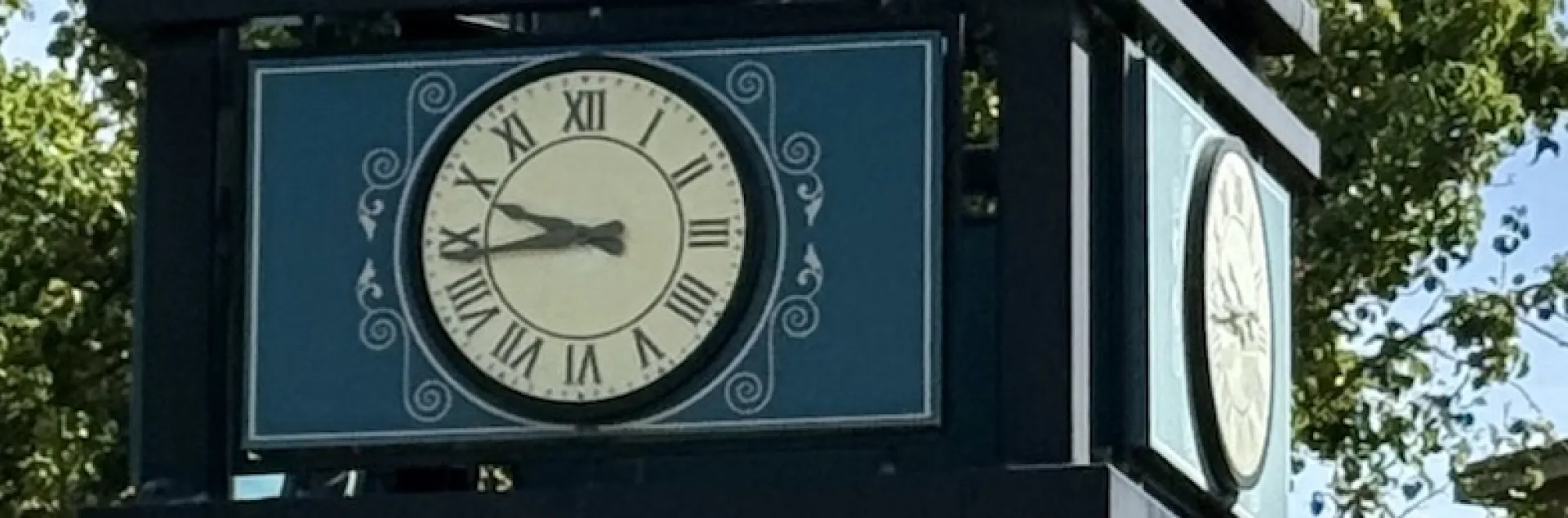 Town Square clock in downtown Vacaville. (Photo by Kathy Keatley Garvey)
