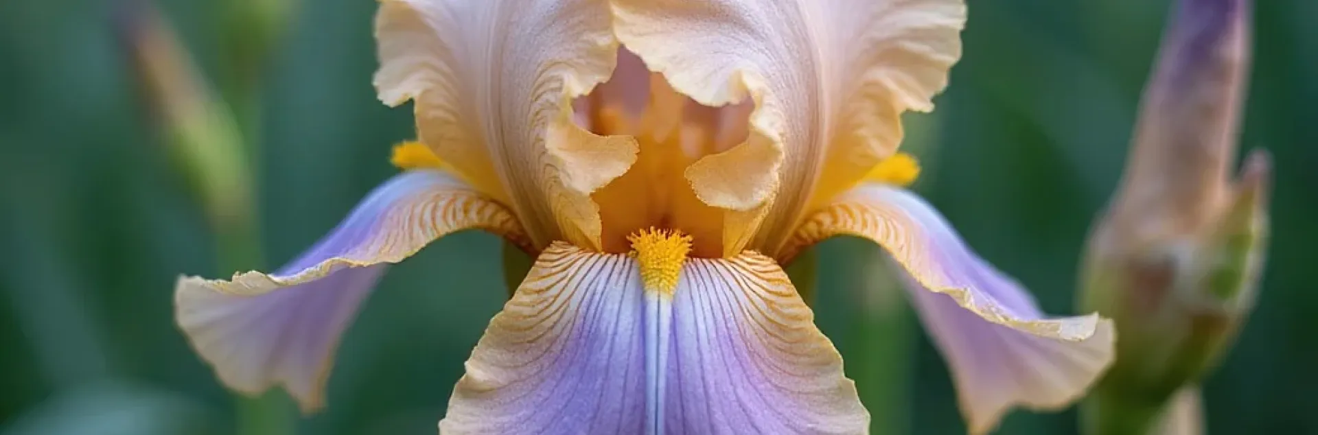 Iris flower in garden. Light purple and orange color